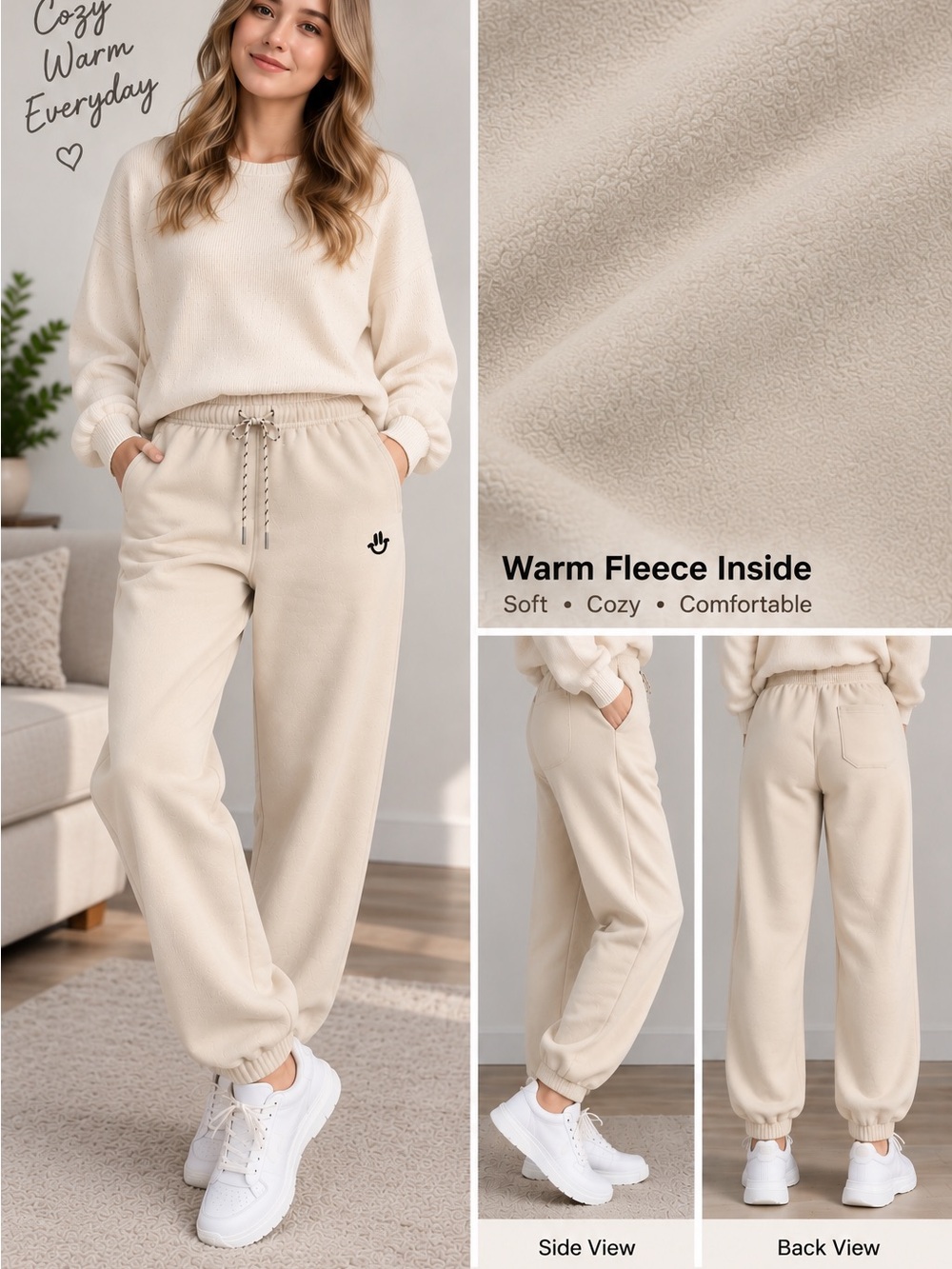 Intense Fleece-Lined Jogger Pants — Cream M